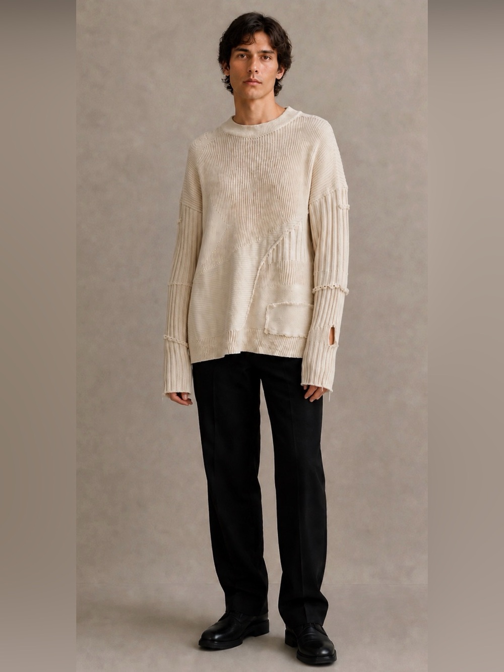 Helmut Lang Military Grunge Sweater L Ivory Patchwork Wool Cashmere Distressed